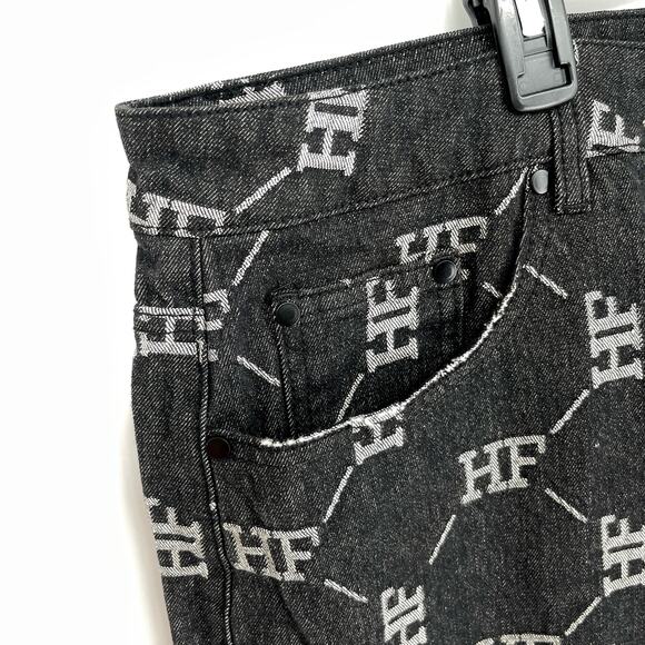 Homme + Femme NEW HF Logo Jeans Mens Sz 40 Black White Honeycomb Pattern Stretch - Picture 3 of 9